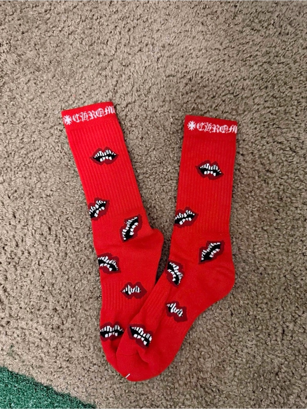 Chrome Hearts Red Crew Socks with Black-and-White Lip Motif